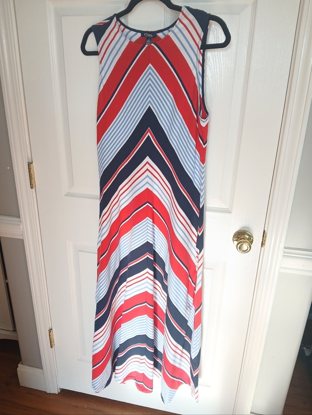 Chaps Striped Sleeveless Maxi Dress in Red, Navy & Light Blue Patriotic Coastal